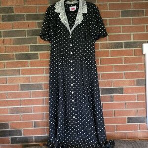 Vintage Irresistible By Sue Eng 1980s Maxi Black Polka Dot Dress Size 13/14